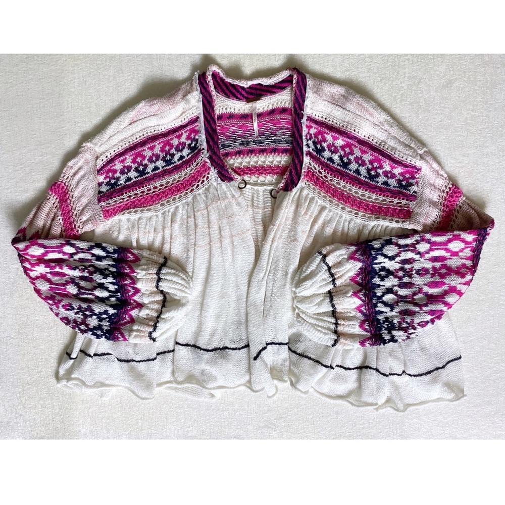 Free People Dreamland Knit Cardigan Womans Small Ivory Pink Balloon Sleeves - Picture 2 of 14